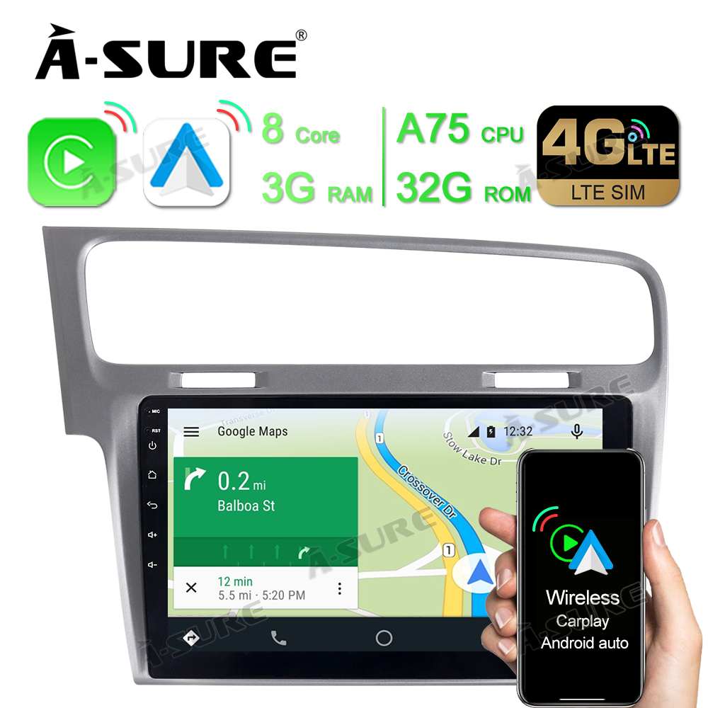 A-Sure GPS Autoradio 10,1 Zoll Android 10 DAB+ VW Golf 7
