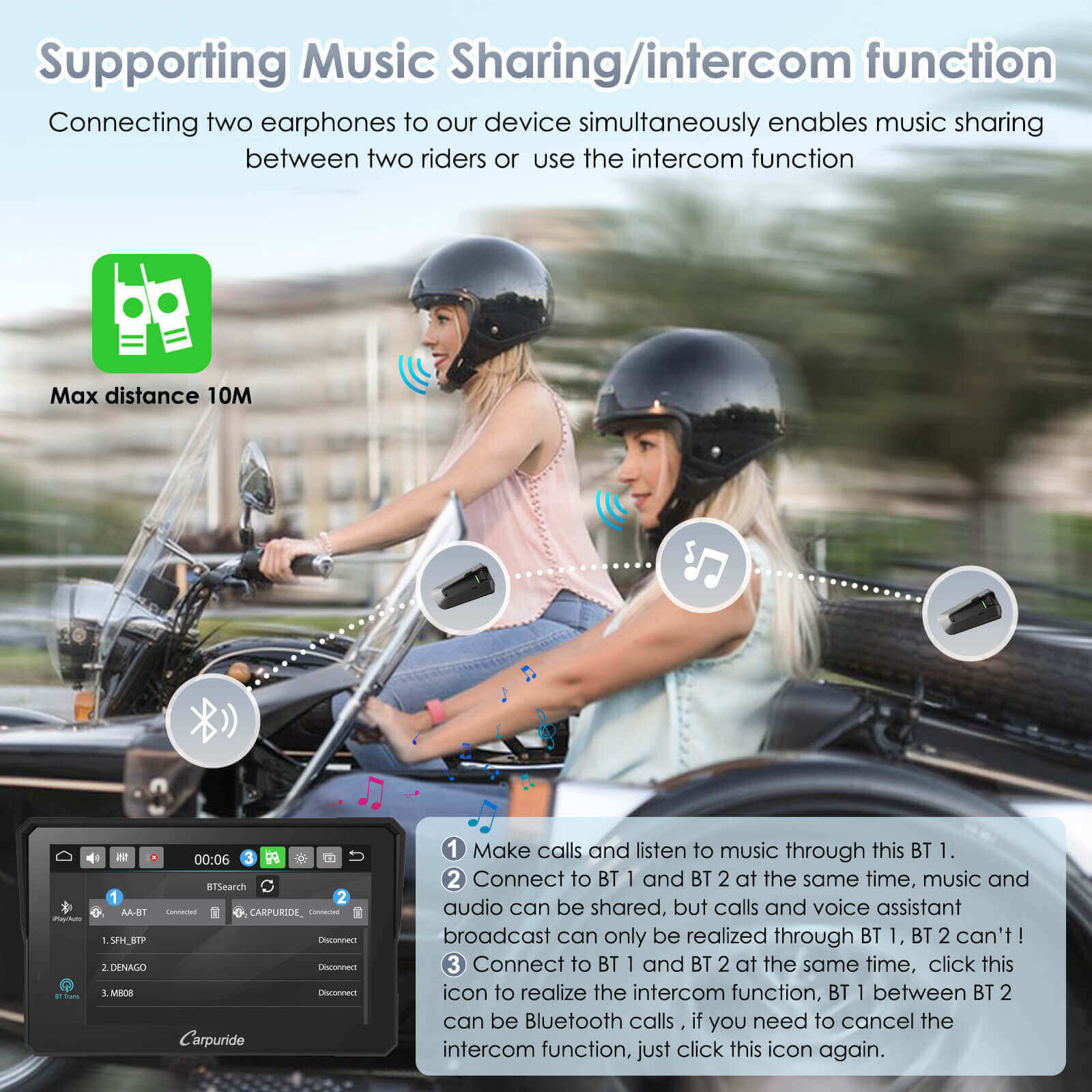 Carpuride 702RS Pro 7 Zoll Motorrad CarPlay-Display mit Radar BSD