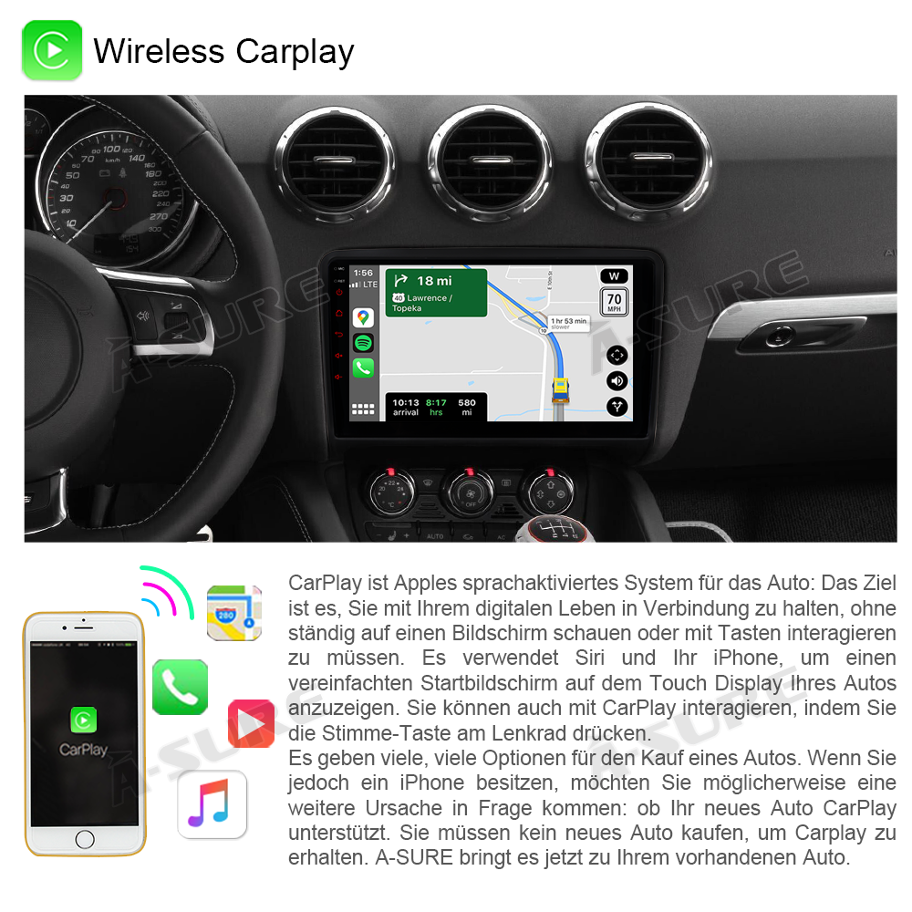 A-Sure Audi TT MK2 Autoradio 9 Zoll Android 12 Wireless CarPlay