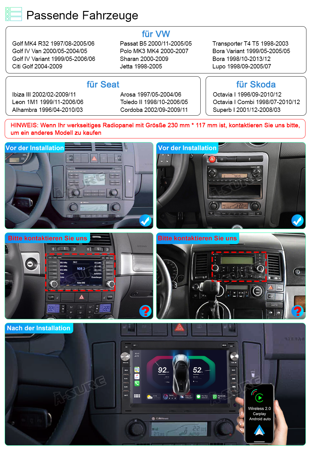 A-Sure GPS Golf 4 Autoradio 7 Zoll Navi WiFi Bluetooth