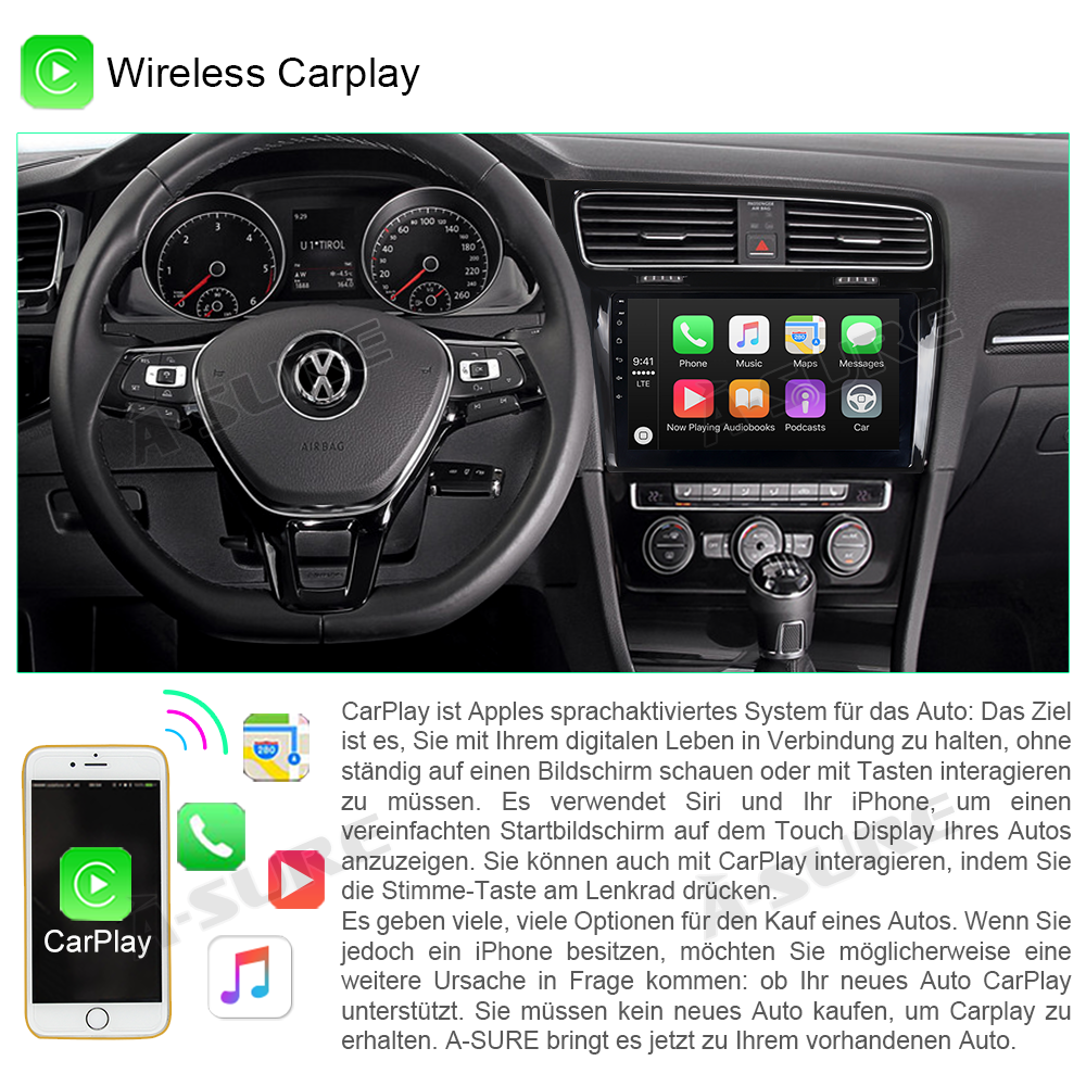 A-Sure GPS Autoradio 10,1 Zoll Android 10 DAB+ VW Golf 7