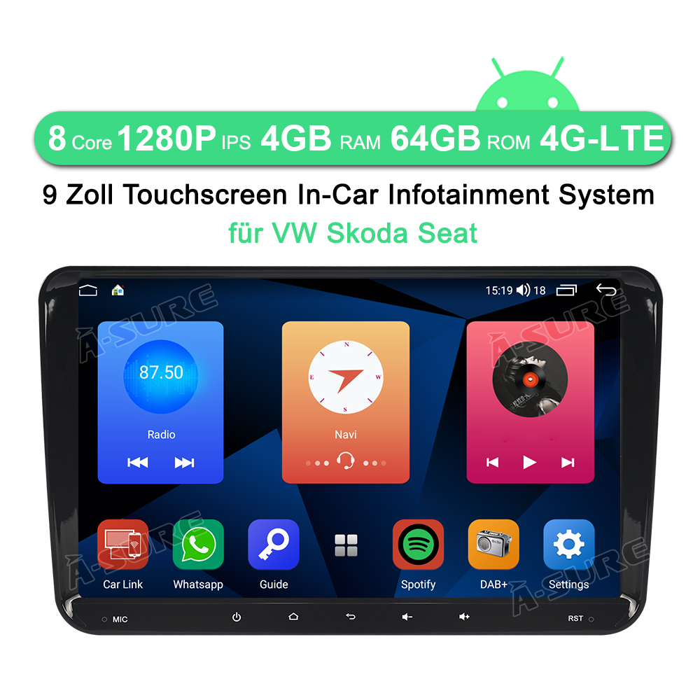 A-Sure 9 Zoll Android 11 Autoradio 4+64GB für VW Golf Passat