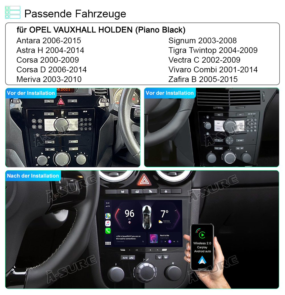 A-Sure GPS Autoradio Opel 8-Zoll 64GB Android 15 schwarz