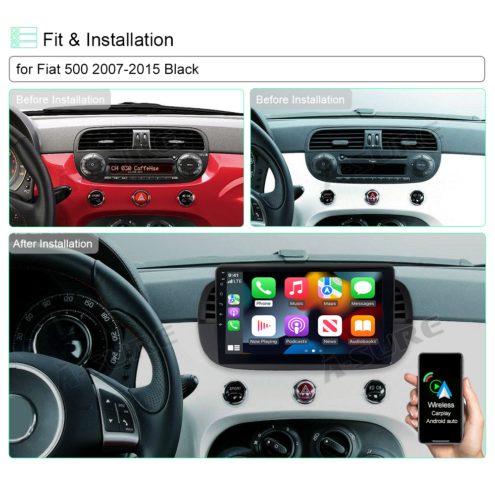 A-Sure GPS car radios Fiat 500 9 Zoll Autoradio 2+32GB Carplay