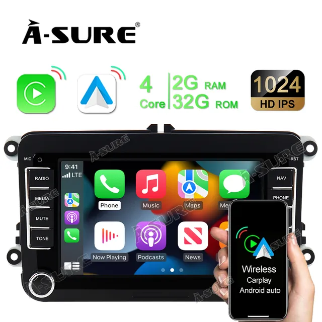 A-Sure GPS Autoradio VW Golf 5 6 CarPlay 2+32GB 7 Zoll