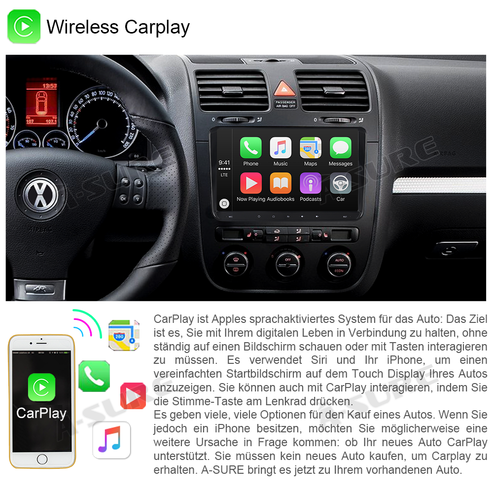 A-Sure GPS Autoradio 9 Zoll 2+32GB für Golf 5 6 Passat