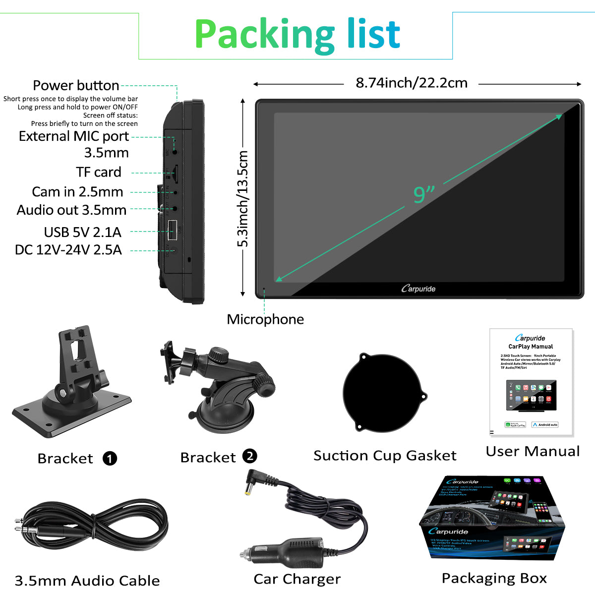 Carpuride Car Smart Stereo CarPlay-Display 9 Zoll Touchscreen Bluetooth