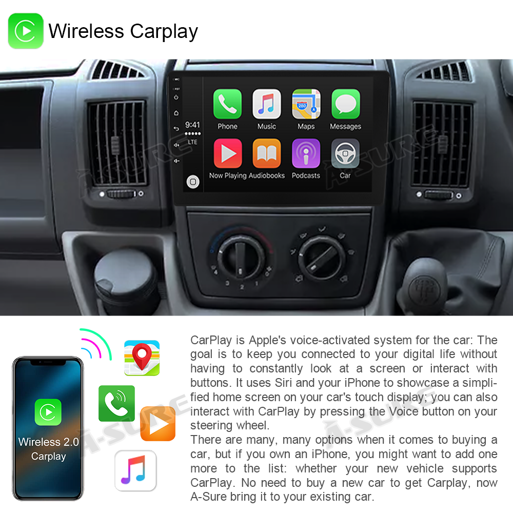 A-Sure GPS Autoradio Fiat Ducato 1-DIN CarPlay 2+32GB 9 Zoll