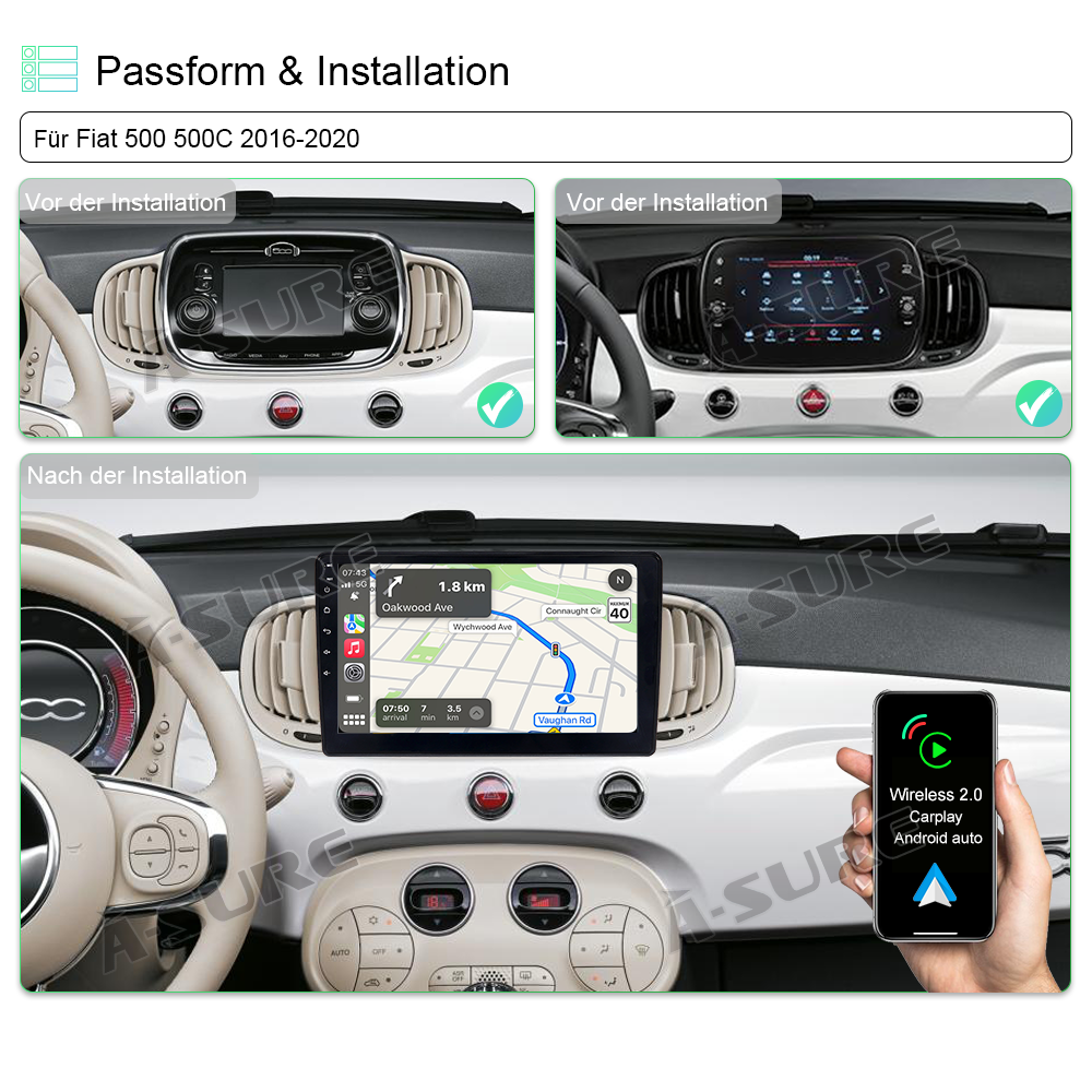 A-Sure GPS car radios Fiat 500 Autoradio 9 Zoll 2+32GB