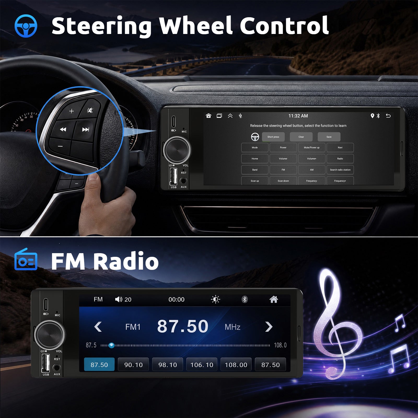 ESSGOO Car Stereo FR7002 1-DIN Autoradio 6,36 Zoll Touch