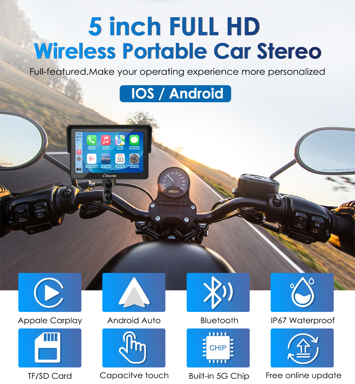 Carpuride W502 Motorrad CarPlay-Display 5 Zoll IP67 Bluetooth