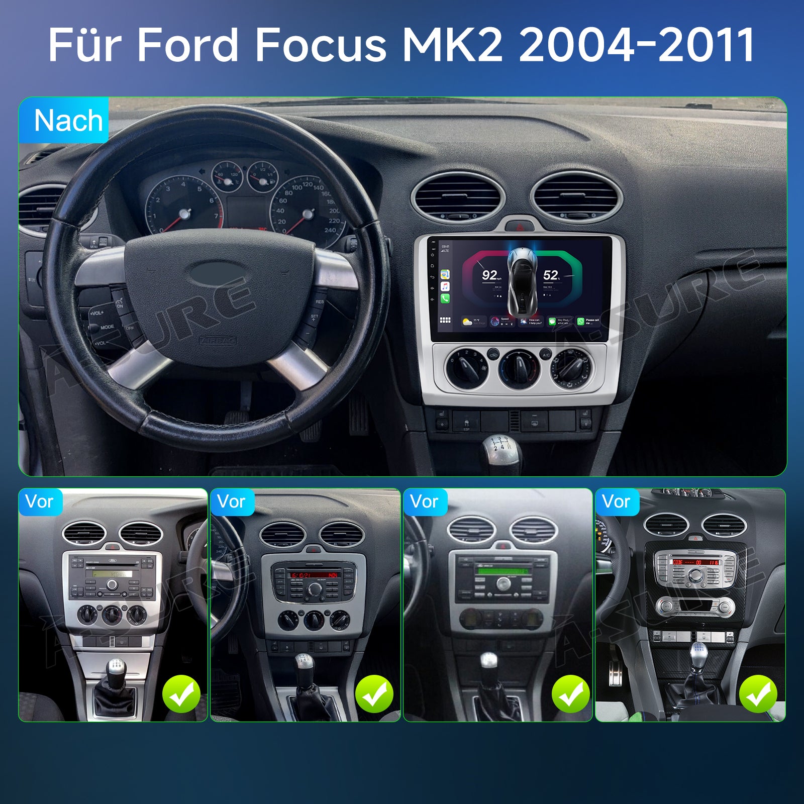 A-Sure GPS 9 Zoll 2+64GB Autoradio Ford Focus MK2 CarPlay