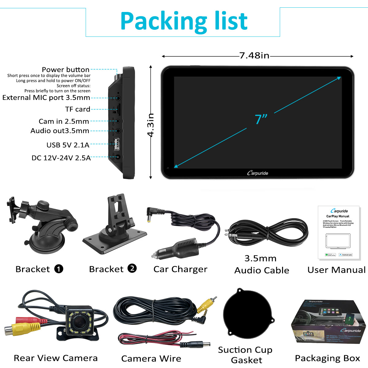 Carpuride Car Smart Stereo Display 7 Zoll Rückfahrkamera