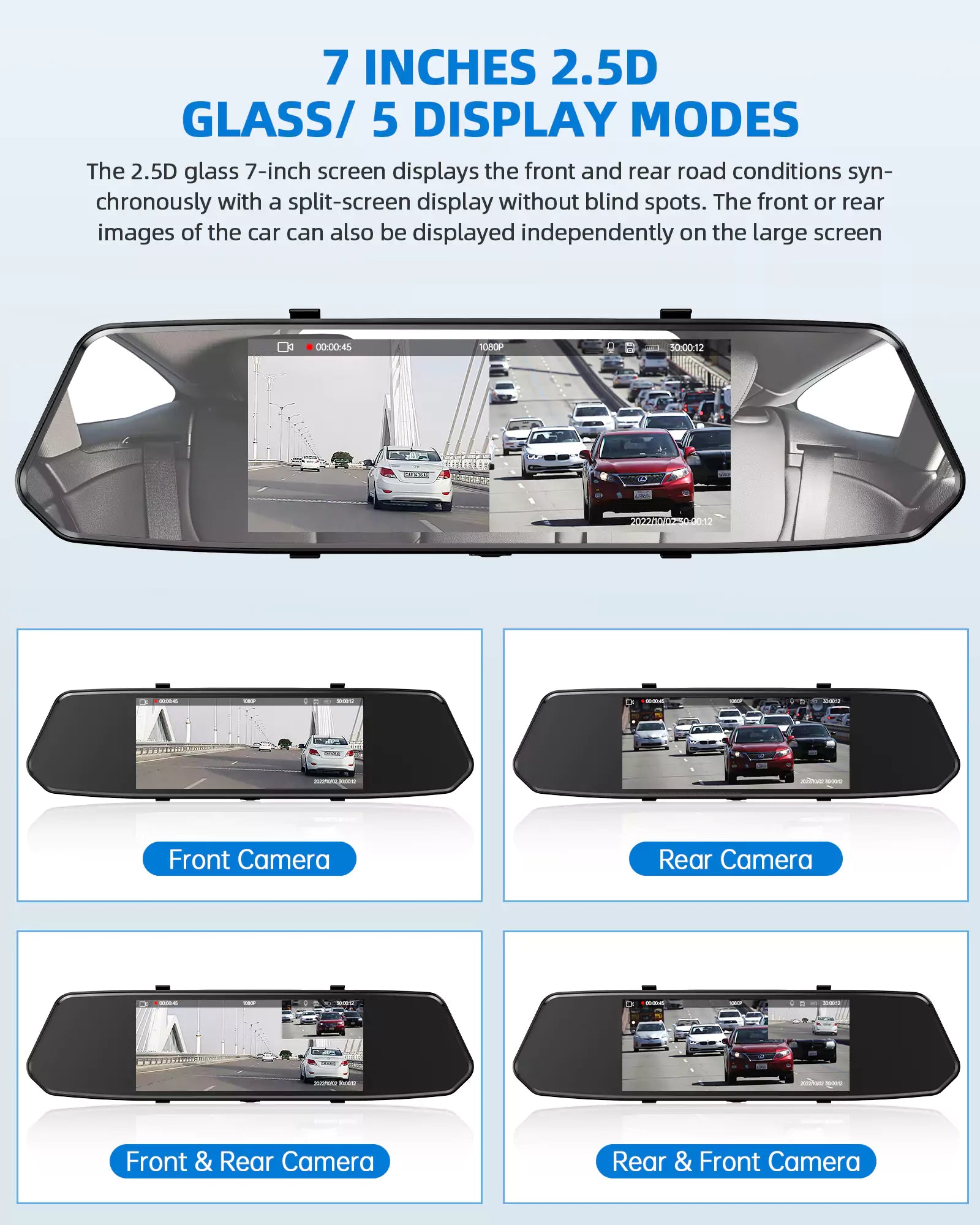 LAMTTO Dash Cam CE35A Spiegel 7 Zoll Touch Front+Heck 1080P