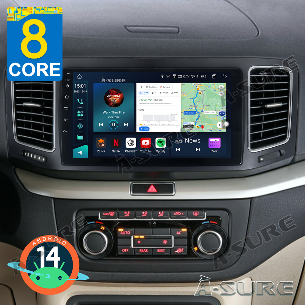 A-Sure GPS car radios 9 Zoll Android 14 Autoradio VW Sharan 4+64GB