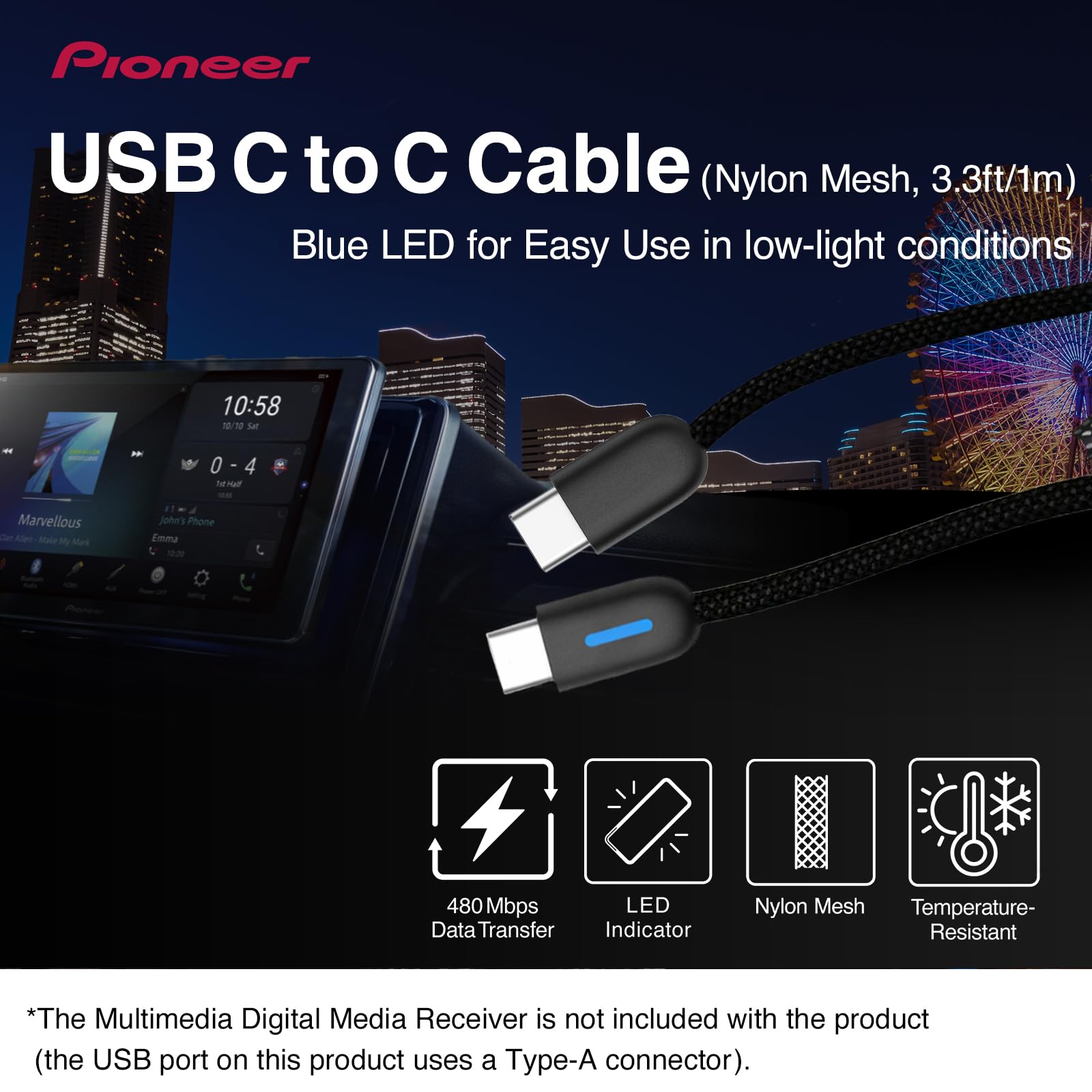 Pioneer CD-U5310AC USB-A Kabel 1m Nylon CarPlay 15W