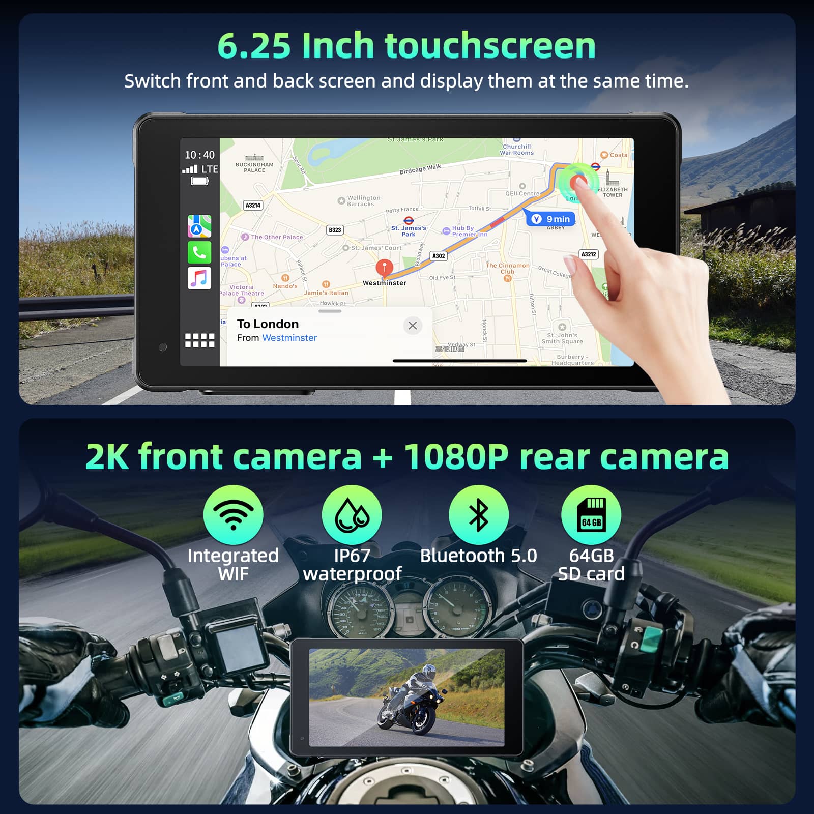 LAMTTO RC12 5,5" CarPlay-Display Motorrad mit 2K+1080P Dashcam