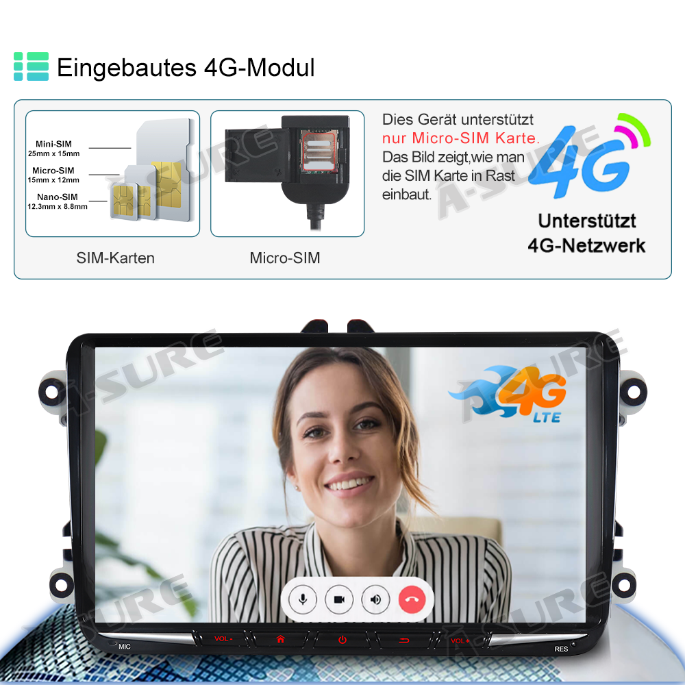 A-Sure GPS Autoradio 9 Zoll 4+64GB Android 13 für VW Golf