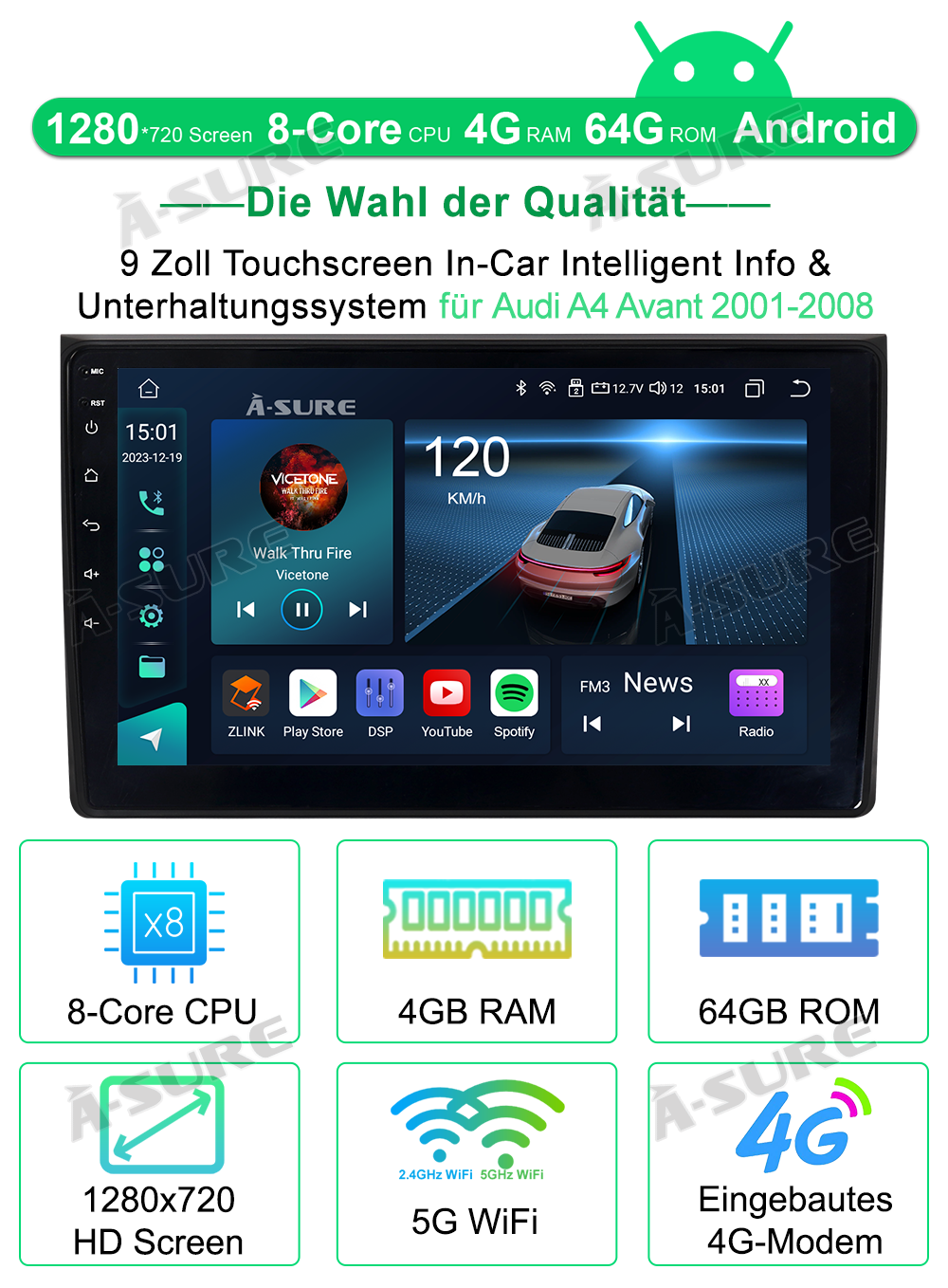 A-Sure Autoradio für Audi A4 B6 B7 B8 4+64GB CarPlay