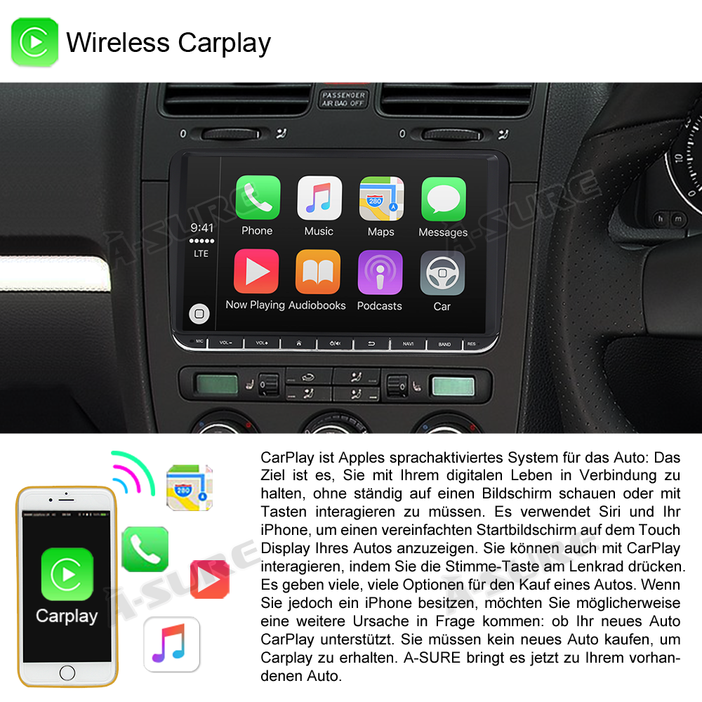 A-Sure Android 12 Autoradio VW Golf V VI 2+32GB CarPlay