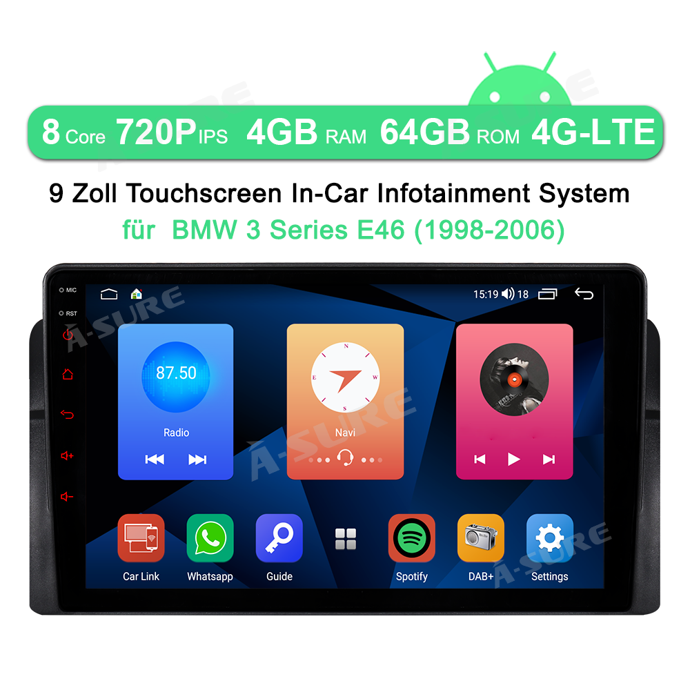 A-Sure GPS BMW E46 Autoradio 9 Zoll 4+64GB LTE CarPlay