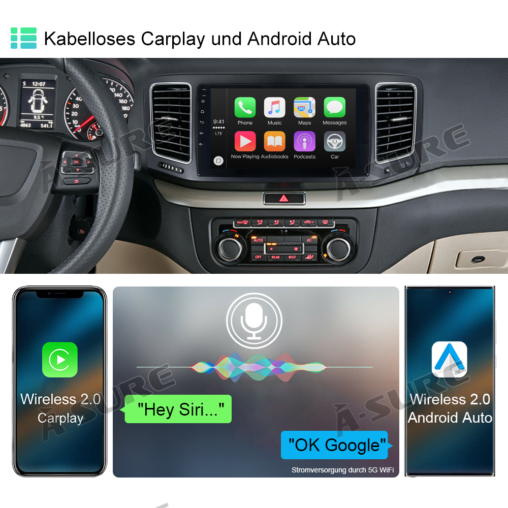A-Sure GPS car radios 9 Zoll Android 14 Autoradio VW Sharan 4+64GB
