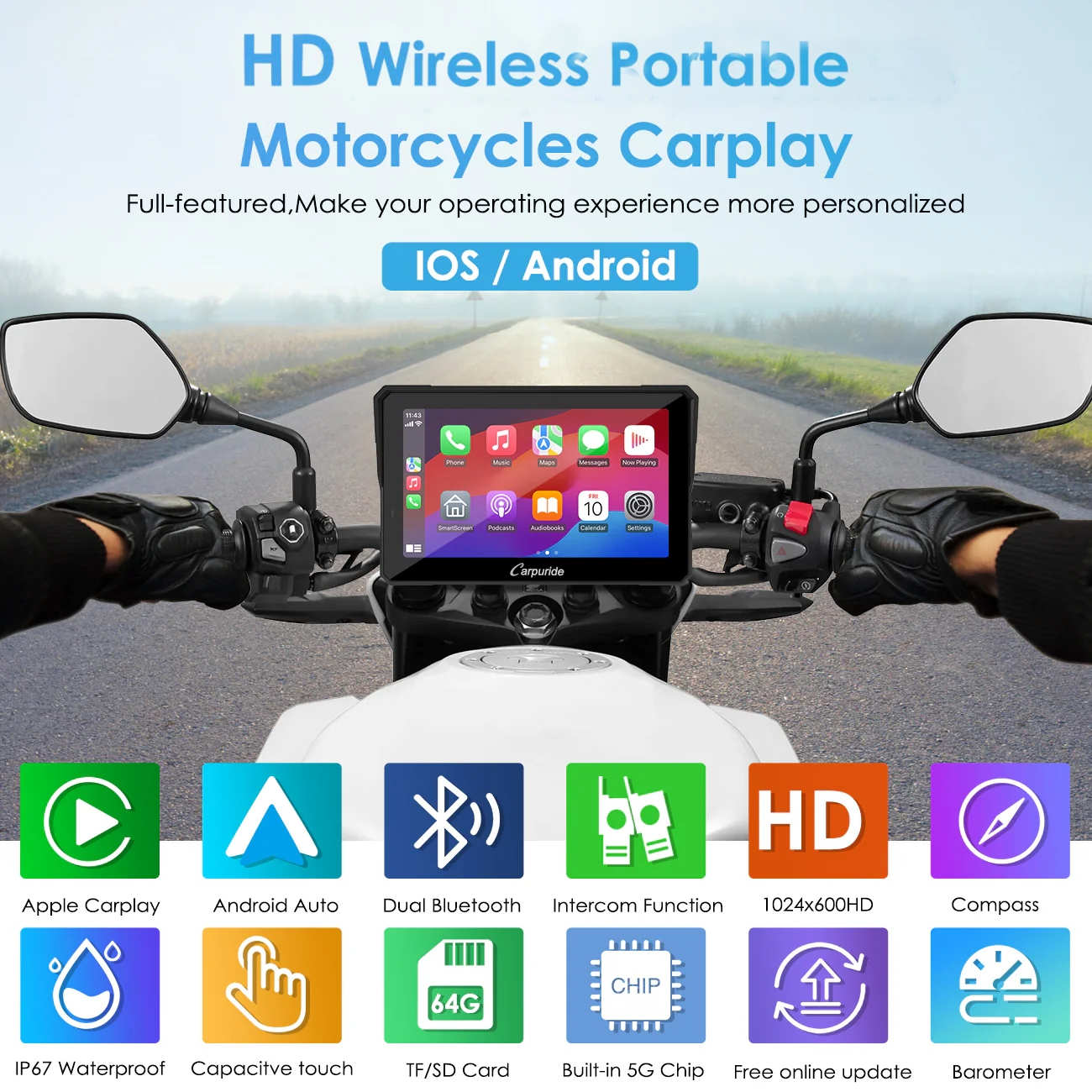 Carpuride Motorcycle Smart Stereo W502 Pro CarPlay-Display wasserdicht
