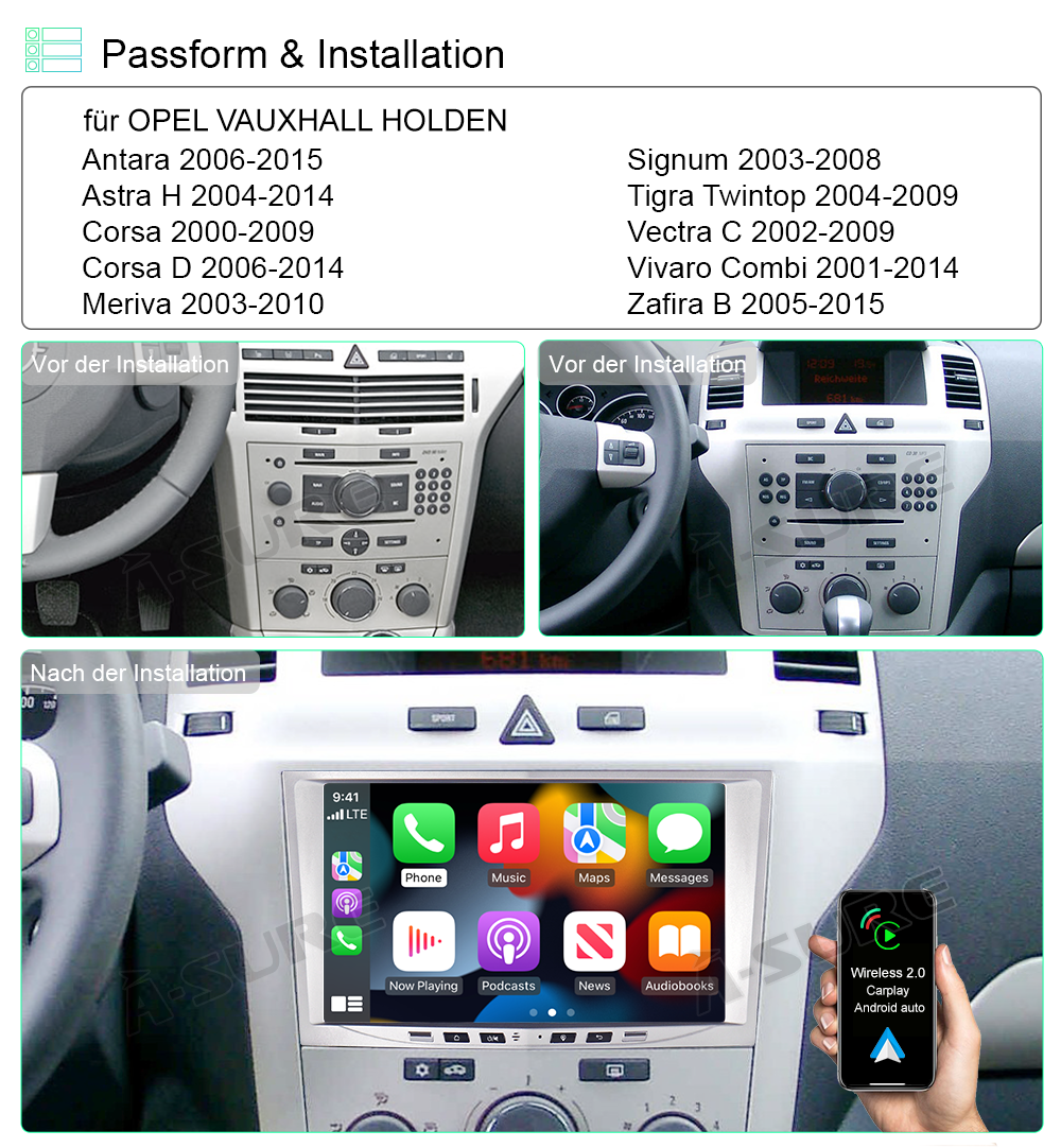 A-Sure GPS car radios 8 Zoll 2+32GB Opel Astra H Zafira B
