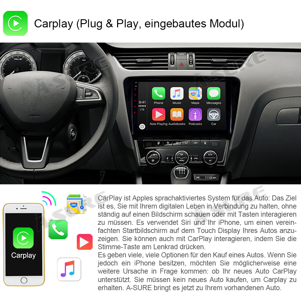 A-Sure Octavia III 10,1 Zoll Autoradio 3GB+32GB 4G LTE CarPlay
