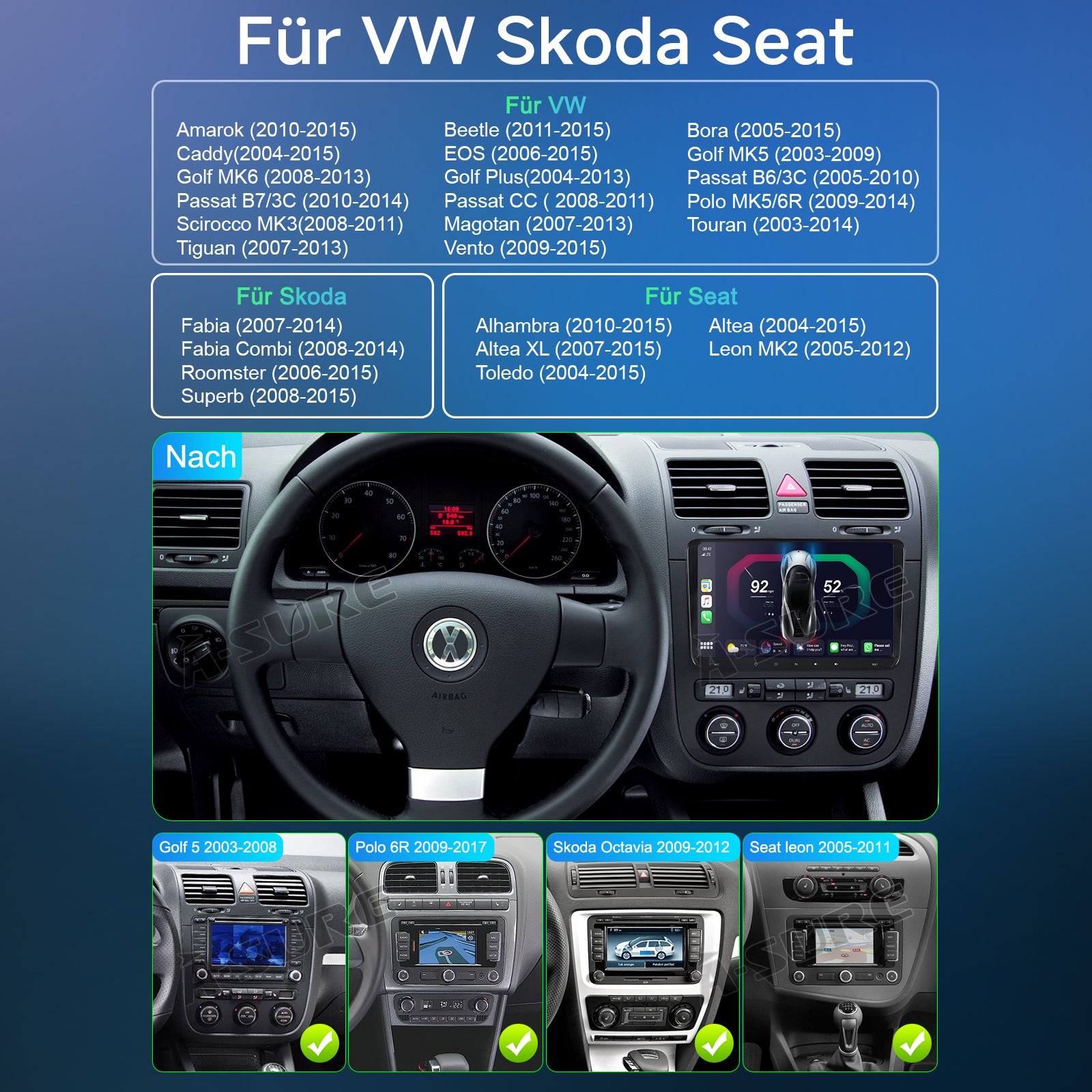 A-Sure GPS car radios Autoradio für VW Golf Passat 9 Zoll 2+64GB