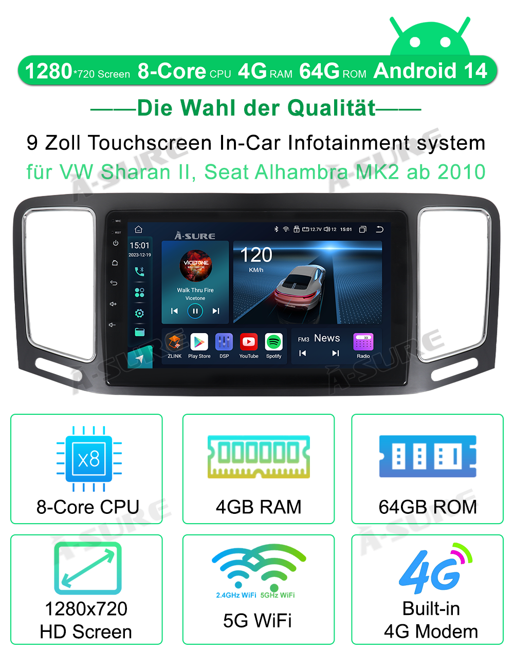 A-Sure GPS car radios 9 Zoll Android 14 Autoradio VW Sharan 4+64GB