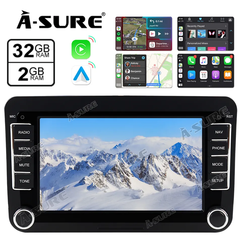 A-Sure GPS 7 Zoll Autoradio Golf 5 6 Passat 2+32GB CarPlay