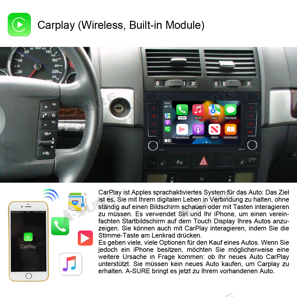 A-Sure VW T5 Autoradio 2 DIN 2+32GB Carplay Navi