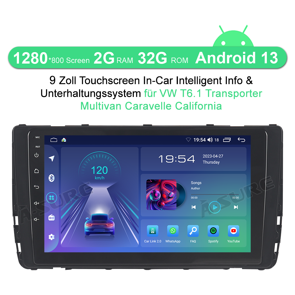 A-Sure GPS 9 Zoll 2+32GB Autoradio VW T6.1 Transporter CarPlay