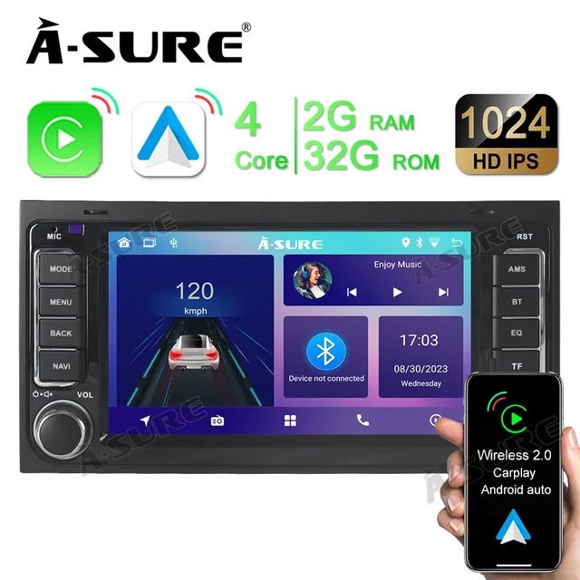 A-Sure GPS T5 Autoradio 7 Zoll 32GB Android 12 CarPlay