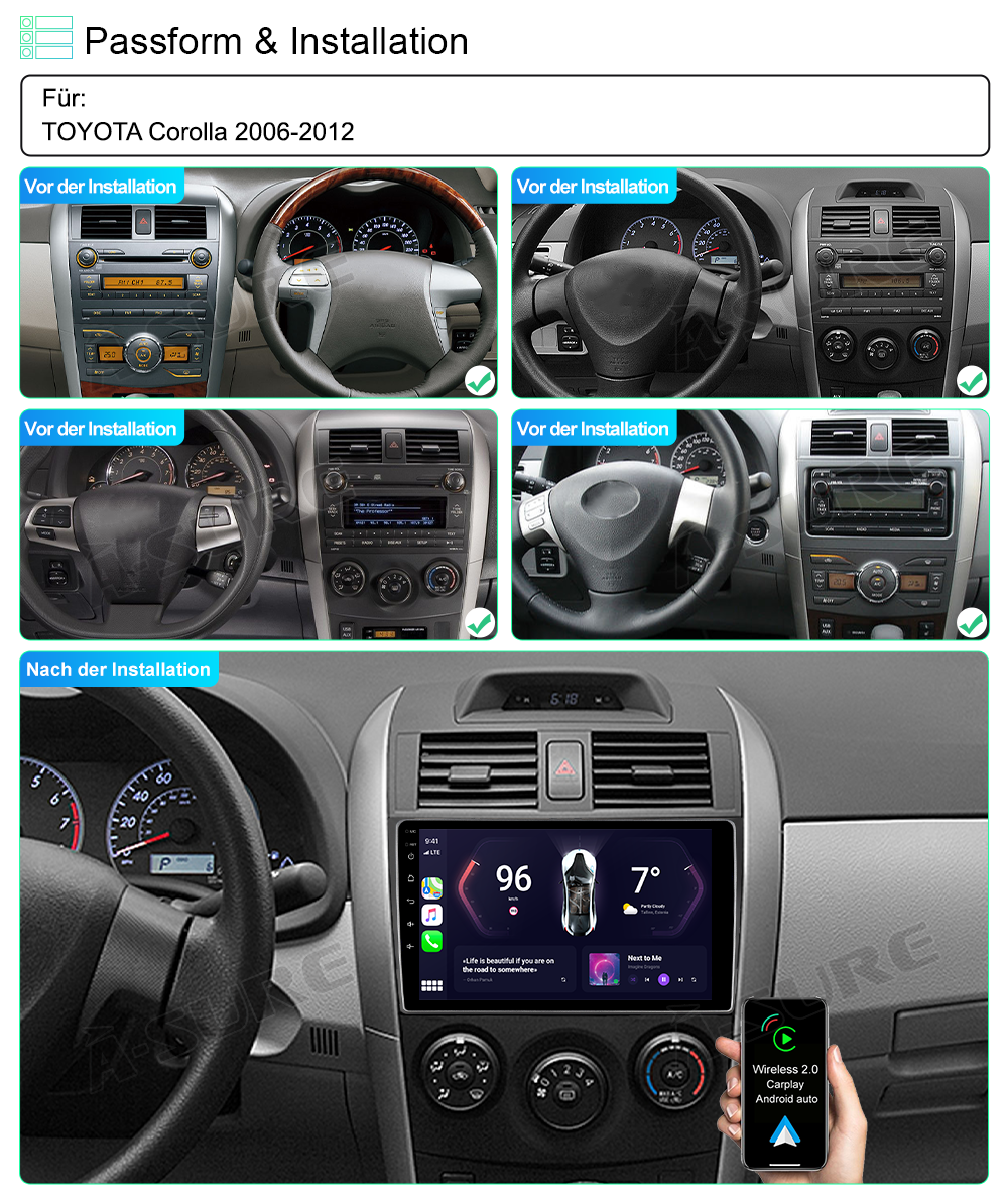 A-Sure GPS Autoradio Toyota Corolla CarPlay 2+32GB 9 Zoll