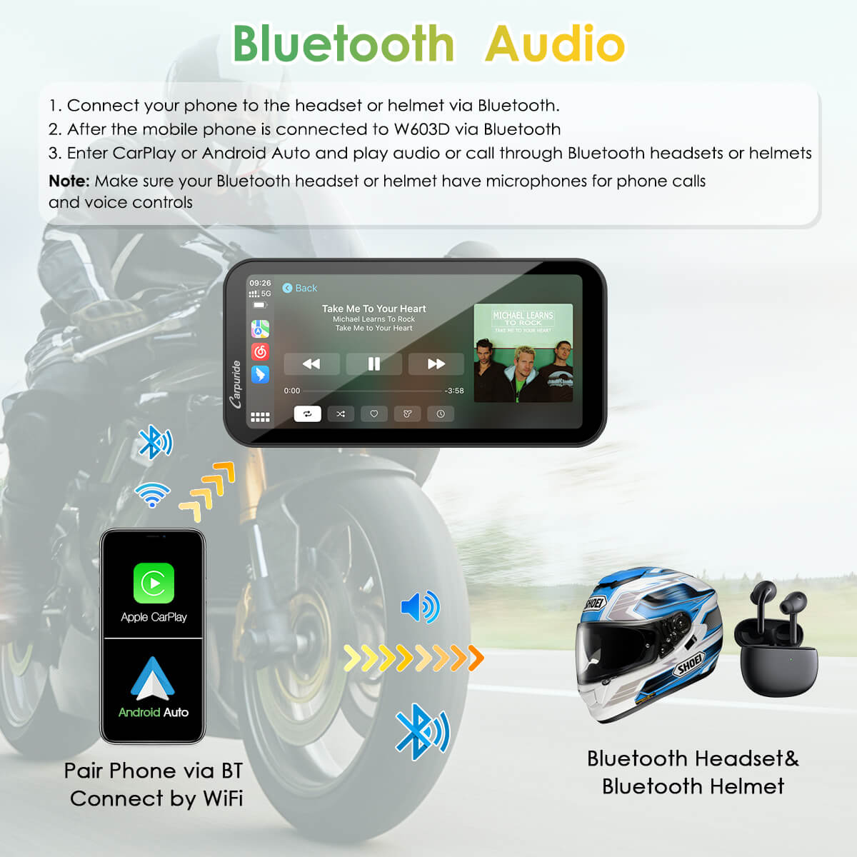 Carpuride W603D Motorrad CarPlay-Display 6,3Zoll Dual-Dashcam