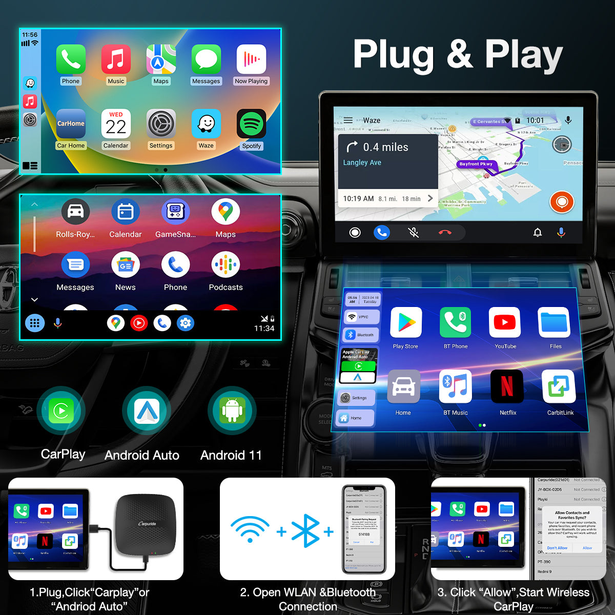 Carpuride H01 AI Box Android 11 CarPlay Adapter 3in1