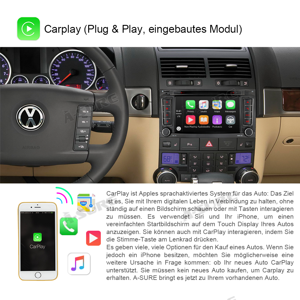 A-Sure GPS Autoradio 7 Zoll Touareg T5 3+32GB DVD CarPlay