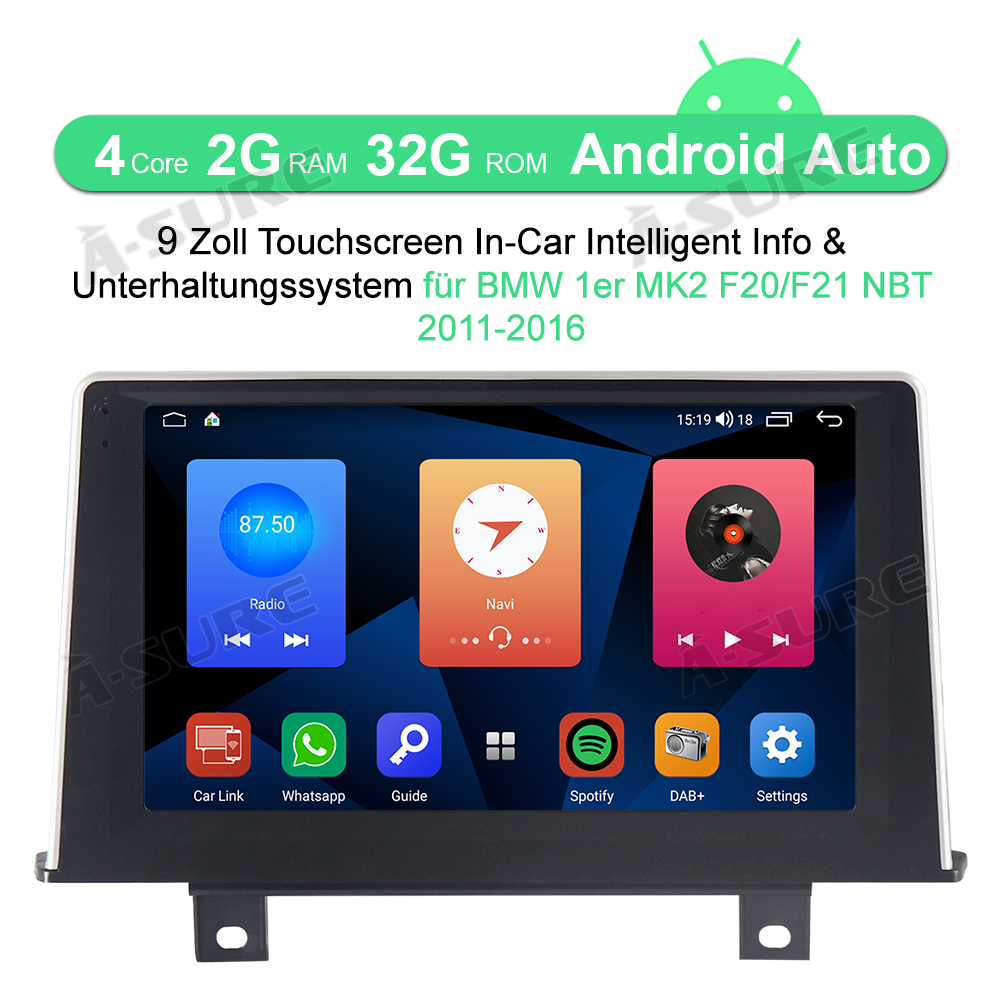 A-Sure GPS Autoradio BMW F20 F21 NBT 9 Zoll 2+32GB Android 12
