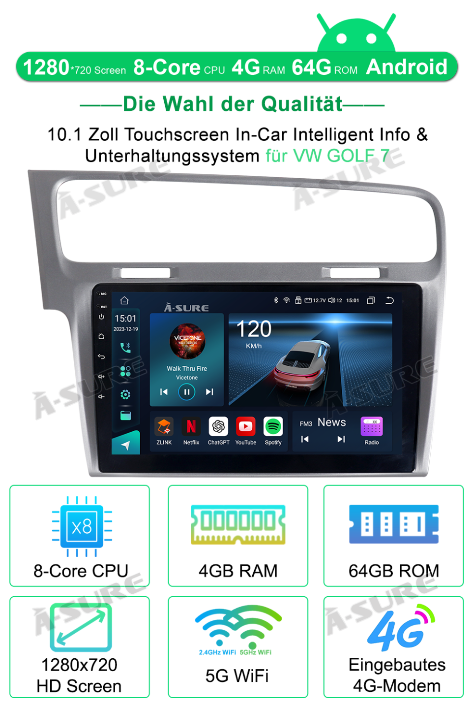A-Sure Golf 7 10 Zoll Autoradio 4GB+64GB Android 13 CarPlay