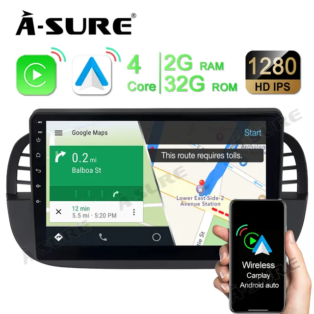A-Sure GPS car radios Fiat 500 9 Zoll Autoradio 2+32GB Carplay