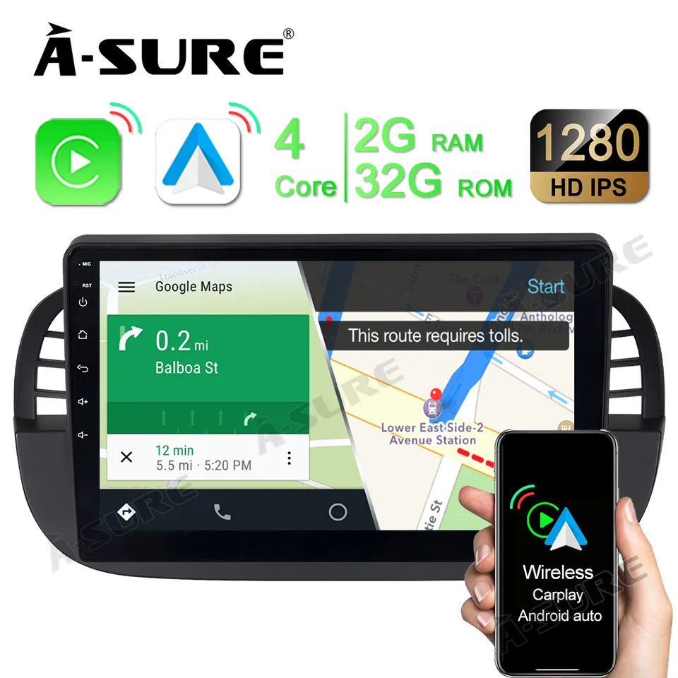 A-Sure GPS car radios Fiat 500 9 Zoll Autoradio 2+32GB Carplay