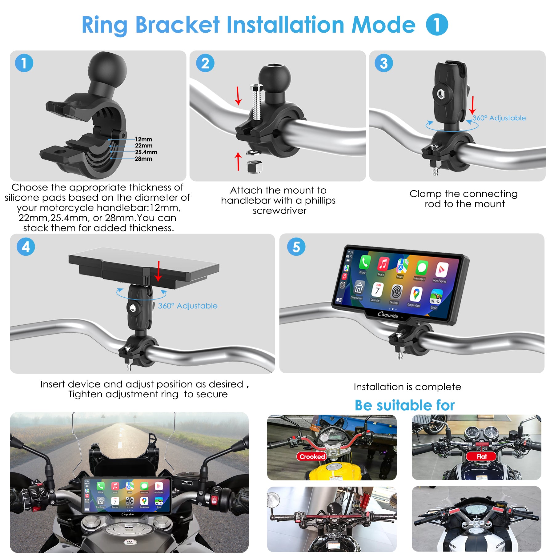 Carpuride Ring Bracket Lenker-Halterung 12-28 mm Motorrad