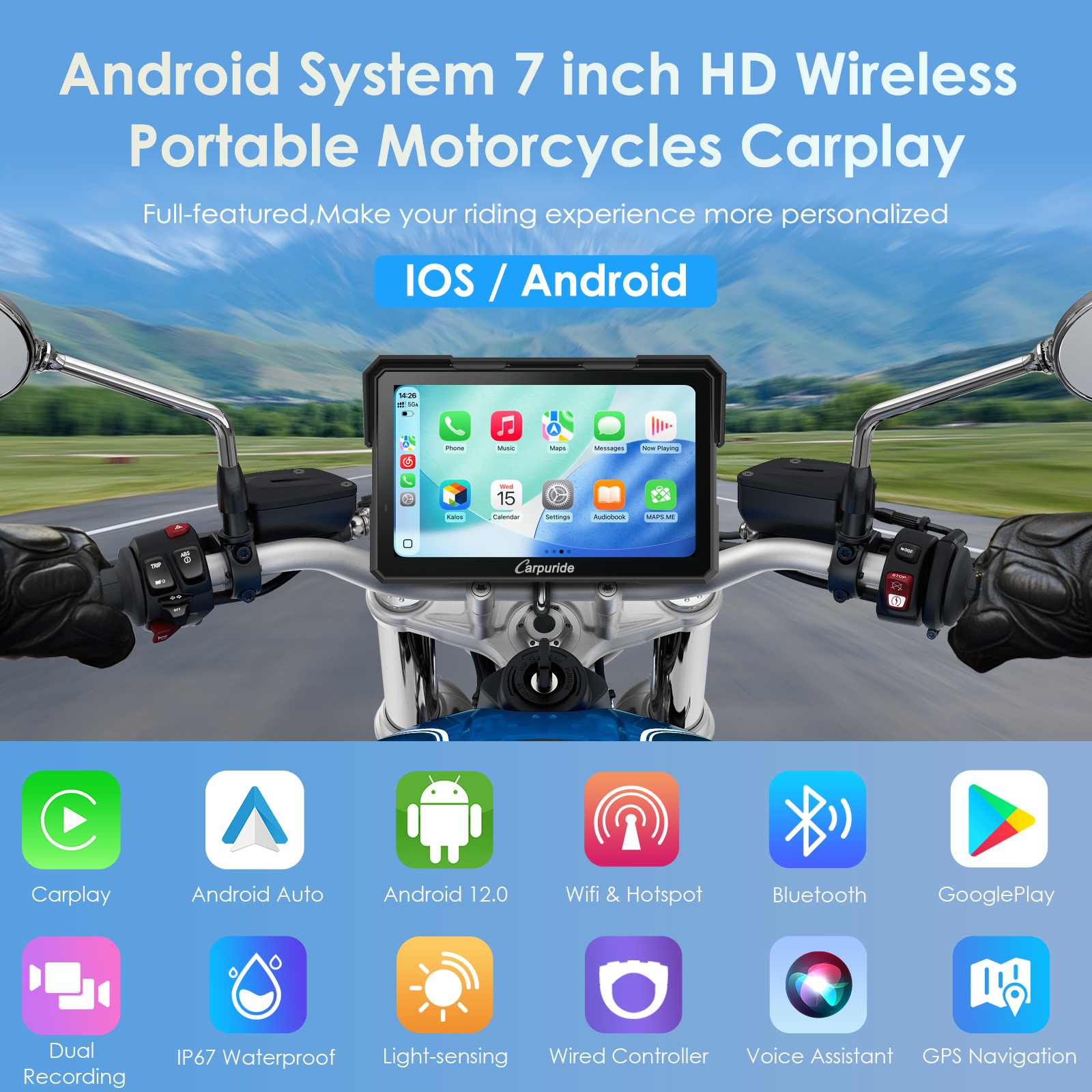 Carpuride W702 Plus Motorrad Display 7 Zoll CarPlay GPS