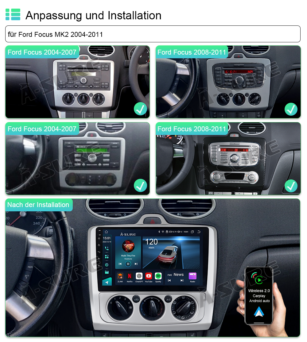 A-Sure GPS car radios Ford Focus MK2 Autoradio 9 Zoll CarPlay 4+64GB