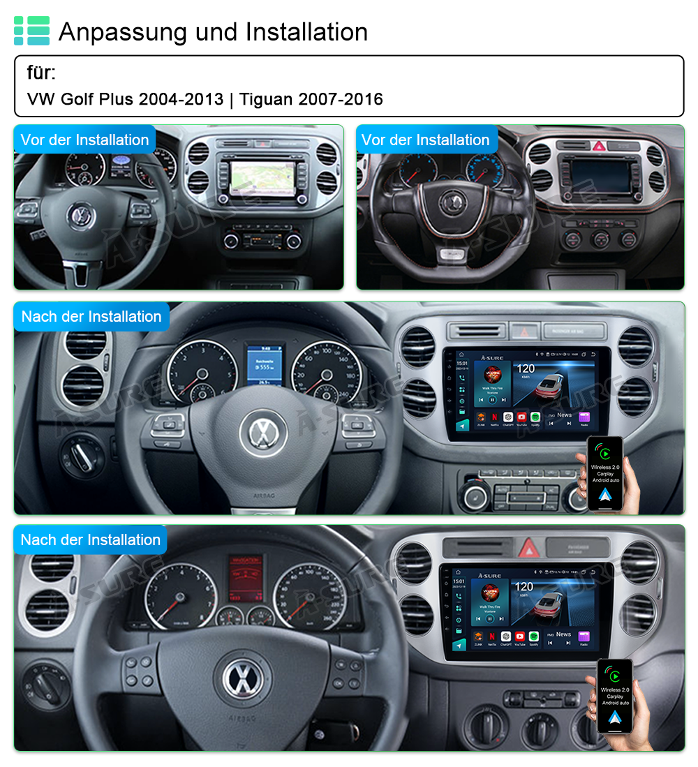 A-Sure GPS 4+64GB Autoradio VW Tiguan Golf Plus CarPlay DAB+
