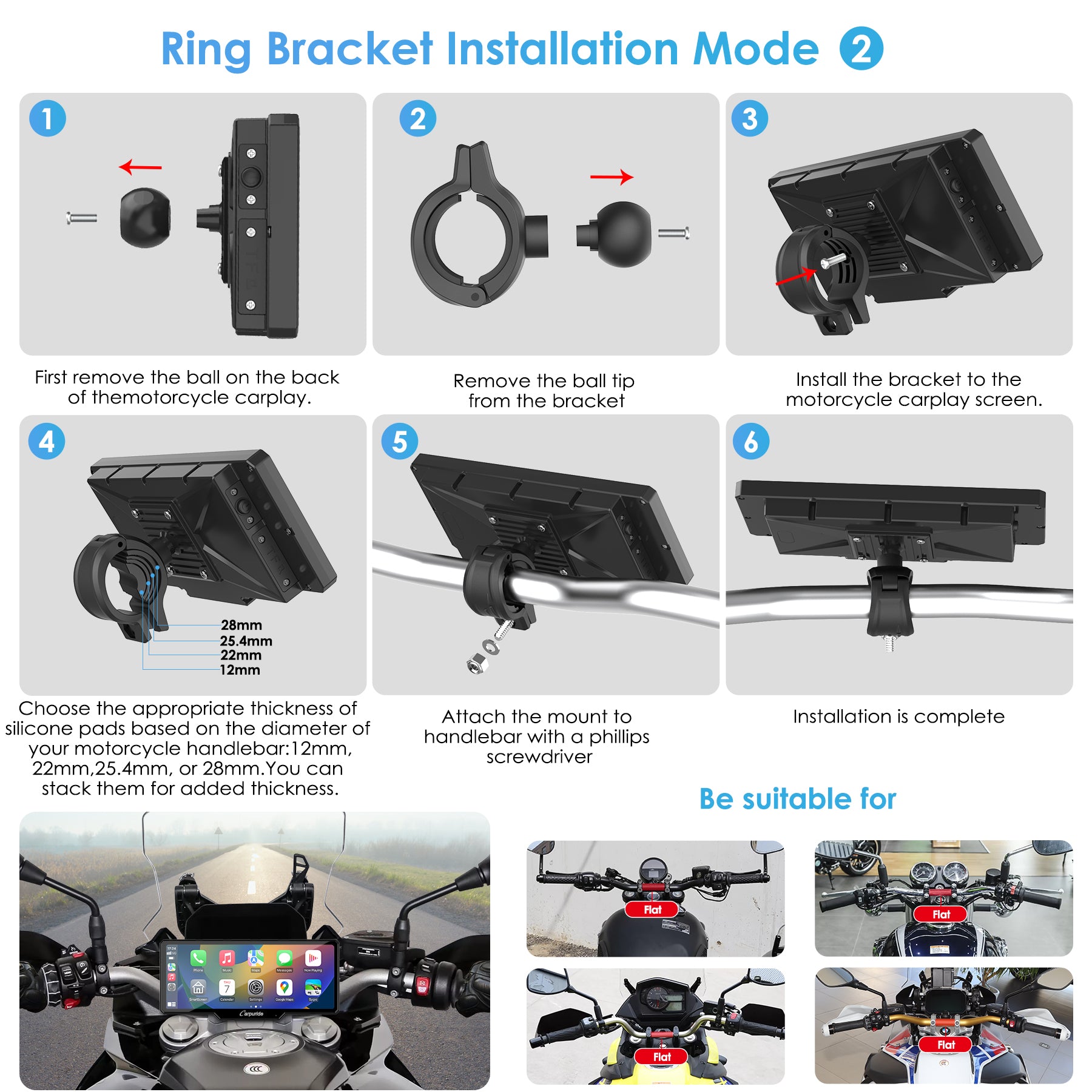 Carpuride Ring Bracket Lenker-Halterung 12-28 mm Motorrad