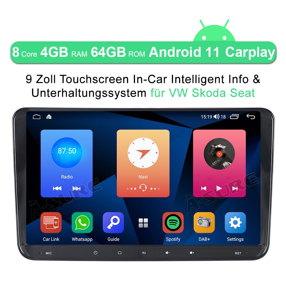 A-Sure GPS Autoradio VW 9 Zoll 4+64GB Android CarPlay