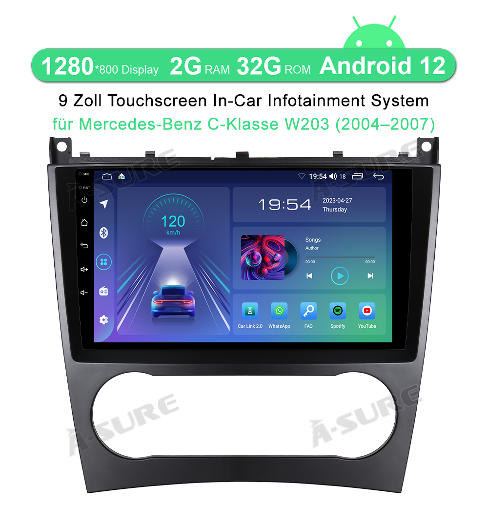 A-Sure GPS Autoradio 9 Zoll 2+32GB für Mercedes C W203 DAB+